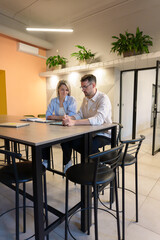 Two professionals working together in a stylish office environment with decorative plants
