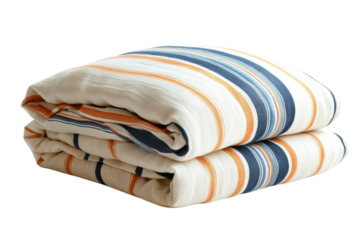Soft striped linen throw blanket neatly folded showcasing natural beige navy and burnt orange