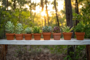 Seven small succulents in terracotta pots sit on a rustic white bench, bathed in the warm glow of the setting sun.