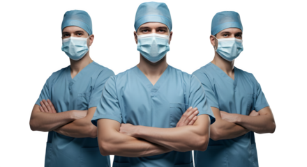Surgeons team, uniform, arms crossed, isolated on transparent background
