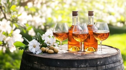 Orchard Calvados Tasting Two bottles and glasses of apple brandy on a barrel, spring blossoms background