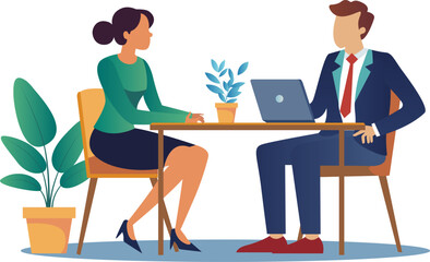 Business Job Interview concept. Vector cartoon illustration of a young woman asking questions and a man in a suit answering them while sitting at a table. isolated on a white background.