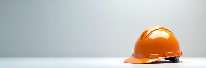 Orange construction helmet on minimalistic backdrop with copy space