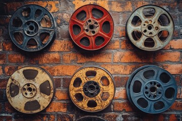 Fototapeta premium Vintage film reels of various colors are mounted on a weathered brick wall, creating a nostalgic and artistic display.