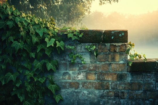 Ivy-covered brick wall at sunrise, peaceful and serene nature scene.