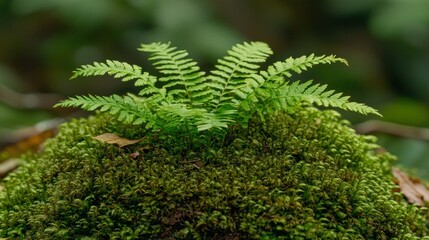 Fern atop mossy mound, nature's detail in green focus