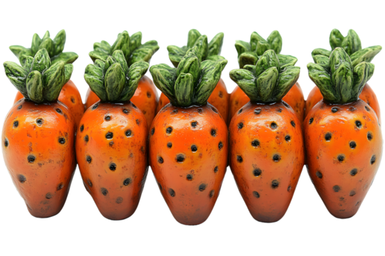 Row of decorative orange carrots with green tops