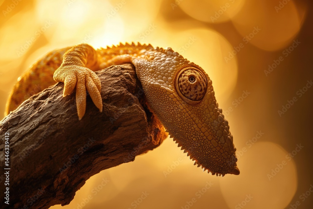Poster a close-up of a golden gecko perched on a branch, bathed in warm, diffused light, highlighting its u