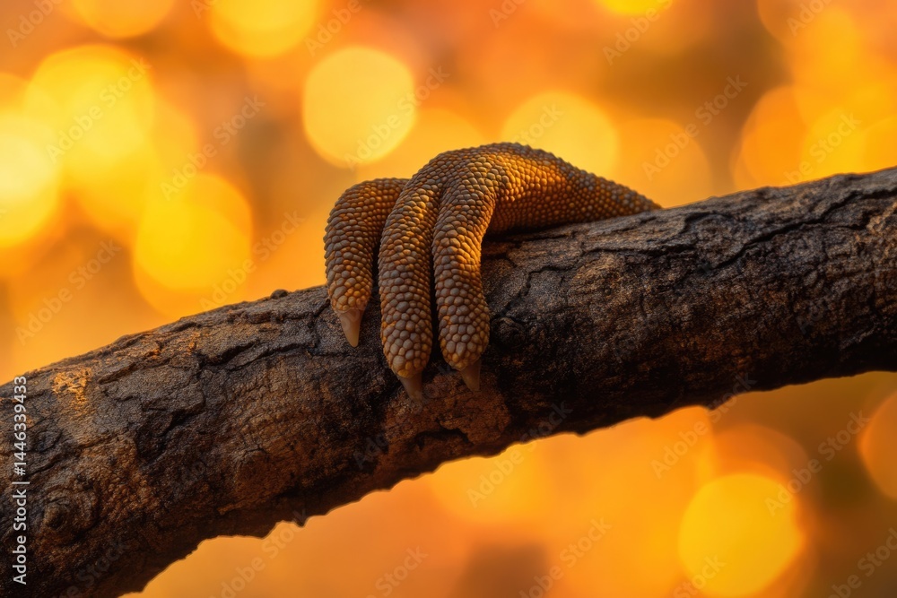 Poster close-up of a reptile's foot gripping a branch, against a bokeh orange background, displaying textur