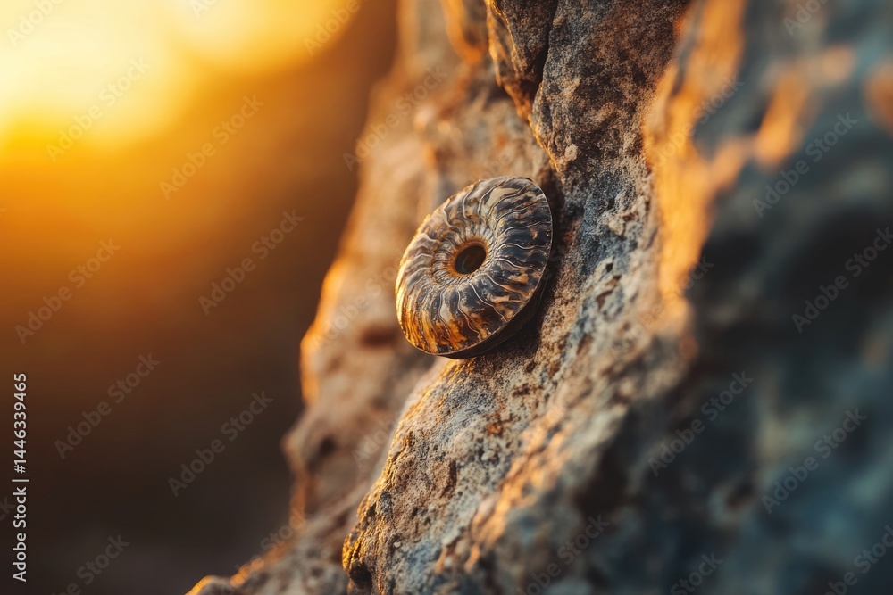 Poster fossilized ammonite embedded in a weathered rock formation, bathed in the warm, golden light of the 