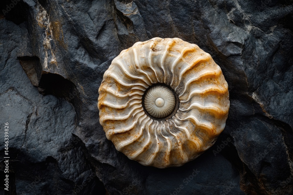 Poster fossilized ammonite shell resting on a textured black rock surface; patterns of ancient life preserv