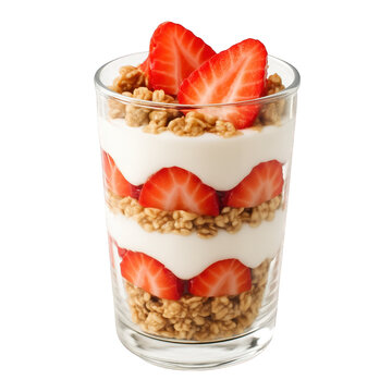 Healthy layered dessert in a clear glass featuring ripe red strawberries, white cream, and crunchy cereal.