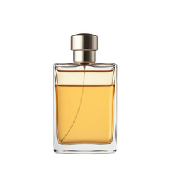 Elegant glass bottle of perfume with golden liquid.