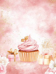 Pink Gold Floral Celebration Sweet Treats Cupcake Rose Gift Bakery Delicious Dessert Birthday Wedding Holiday Decorative Party Feminine Romantic Wonderful Tasty Gourmet Cuisine Invitation Designs