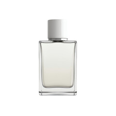 Elegant glass perfume bottle on white background.