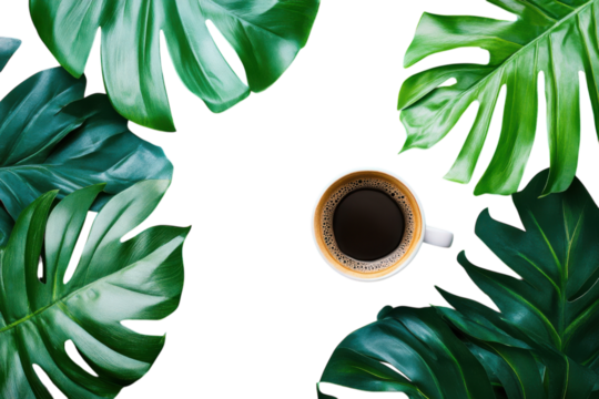 Tropical morning coffee bliss a cup of dark coffee surrounded by vibrant monstera leaves on a teal