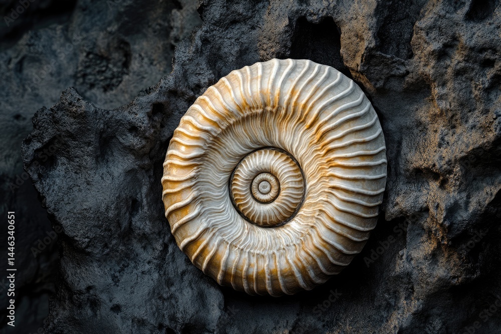 Poster a fossilized ammonite shell with intricate spiral pattern rests on a dark, rough textured rock forma