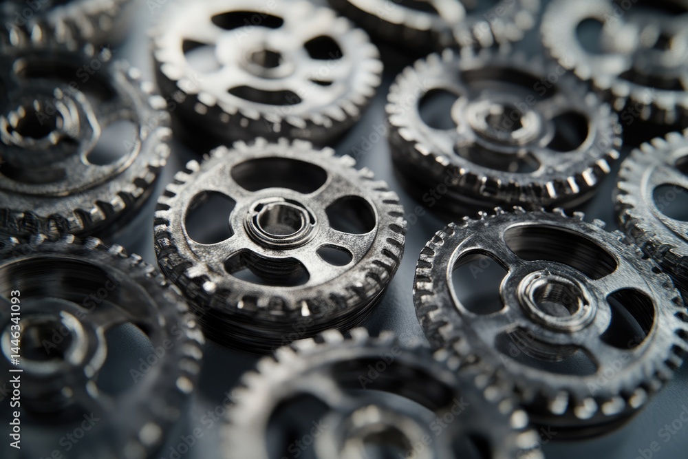 Aufkleber a close-up captures a collection of metal gears with intricate designs and textures, arranged in a v