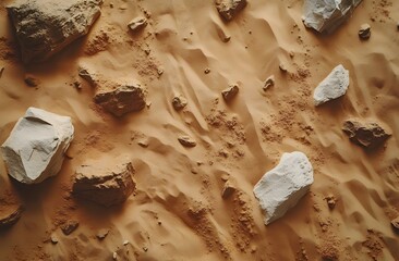 A high-angle view of desert terrain with rocks.