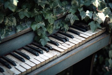 A vintage piano keyboard, overgrown with ivy, showcasing a fusion of nature and music in a unique, weathered display.