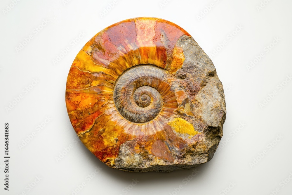 Poster a detailed macro shot of a polished, spiral ammonite fossil embedded in rock, showcasing its intrica
