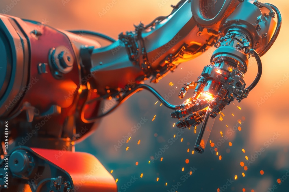 Aufkleber a close-up shot of a red and silver futuristic robotic arm generating sparks in a laboratory setting