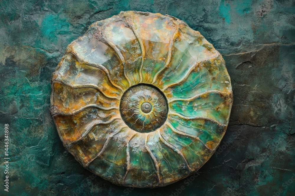 Poster a mesmerizing polished ammonite fossil on a textured teal and green background, showcasing its intri