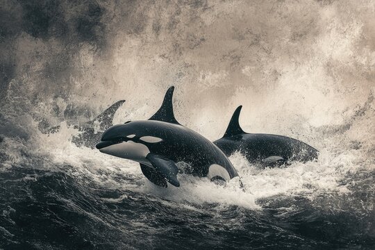 Two orcas powerfully breach the waves during a stormy sea, showcasing their strength and grace.