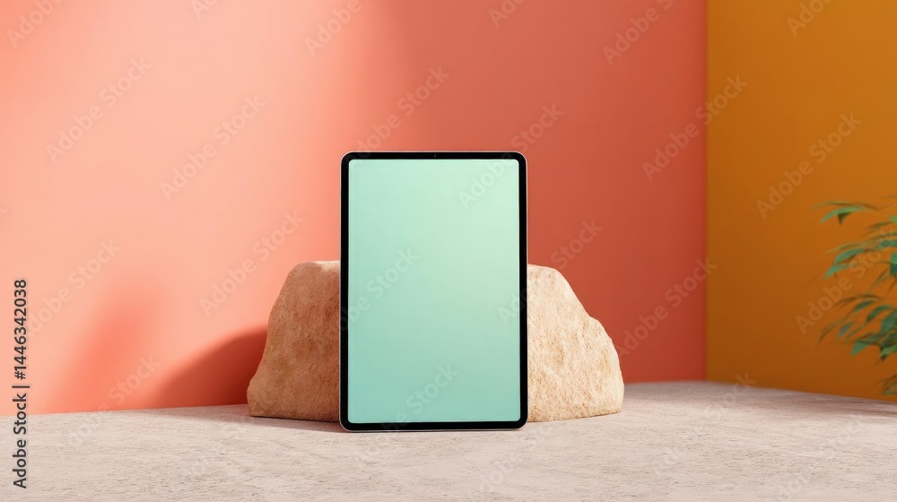 Poster black tablet with a blank screen placed on a beige surface. the tablet is placed on top of a large r