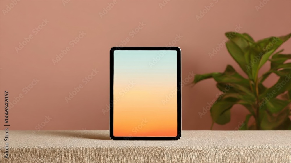 Poster black tablet computer sitting on a beige surface. the tablet is in the center of the image and is fa