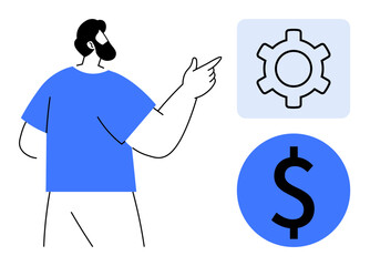 Man pointing at gear and dollar icon, suggesting concepts of solutions, finance, settings, business, or strategy. Ideal for technology, business, finance development innovation decision-making