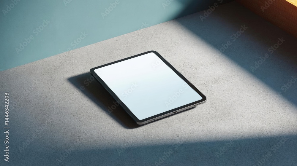 Poster black tablet lying on a light blue surface. the tablet is rectangular in shape and has a blank white