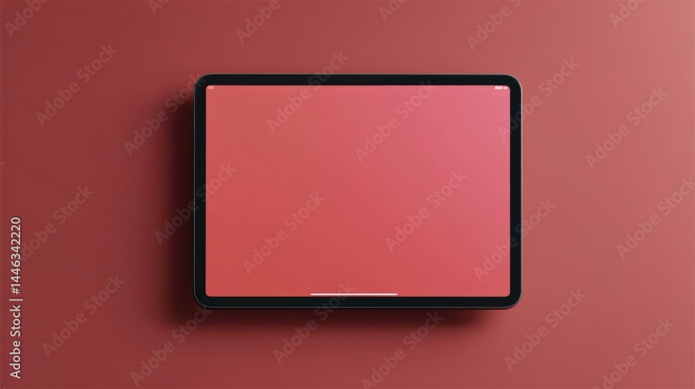 Poster flat lay of a black tablet with a red screen. the tablet is placed on a solid red background. the sc