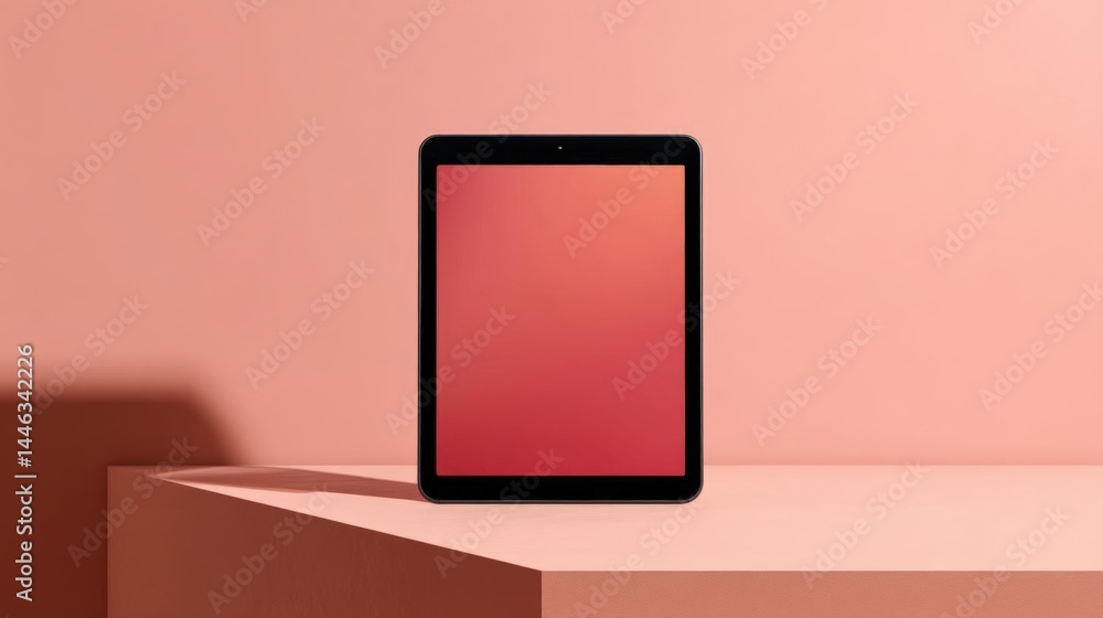 Aufkleber black tablet computer sitting on a pink surface. the tablet is in the center of the image and is fac