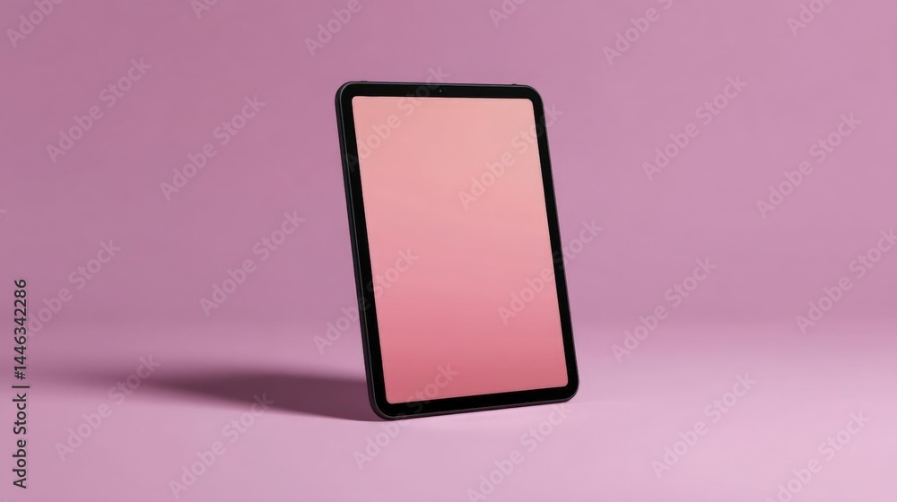 Poster 3d rendering of a black tablet with a pink screen. the tablet is placed on a plain pink background. 