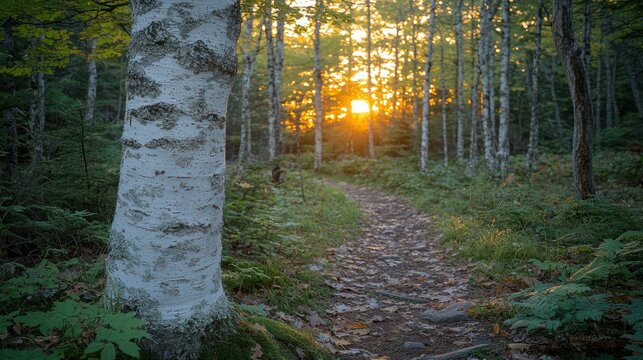 Forest path with sunset glow piercing through trees