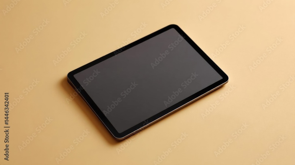 Poster flat lay of a black tablet computer on a beige background. the tablet is positioned in the center of