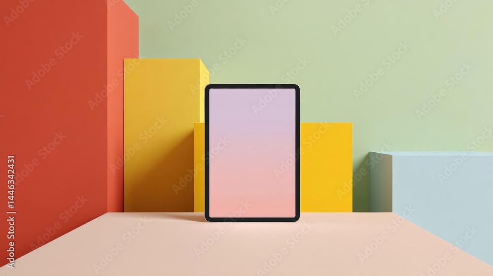 Aufkleber tablet computer with a blank screen sitting on a white surface in front of a colorful background.