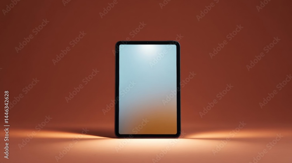 Poster 3d rendering of a smartphone with a black screen. the phone is placed on a plain orange background. 