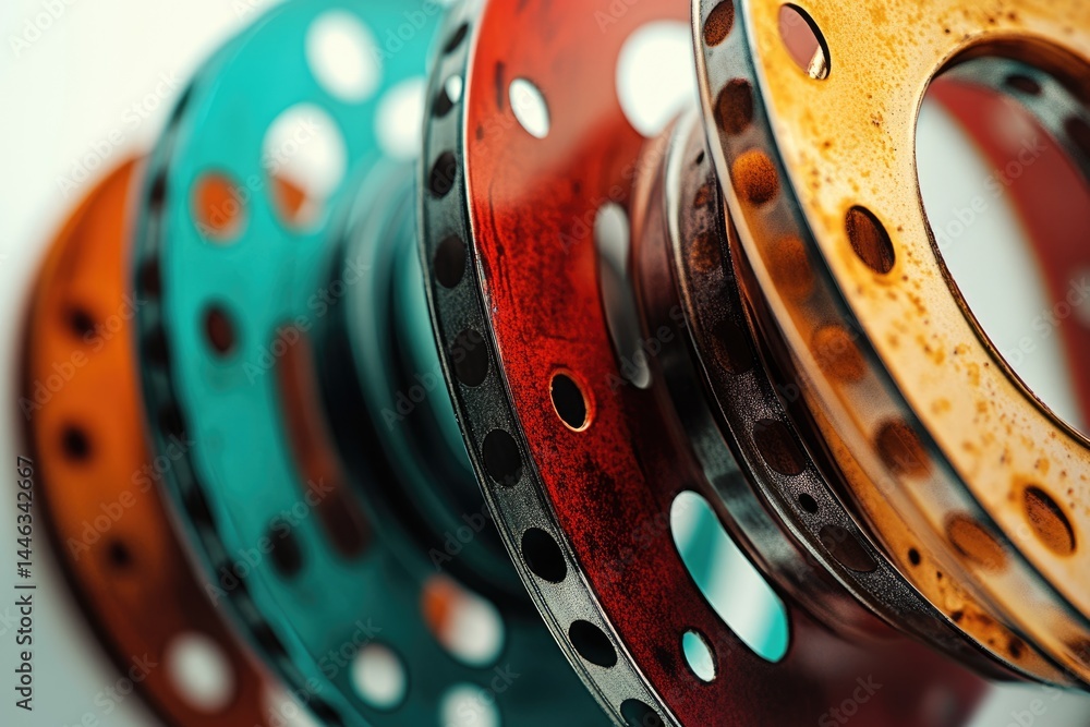 Poster close-up of stacked, colored metal rings with hole patterns, showing layers and texture in an abstra