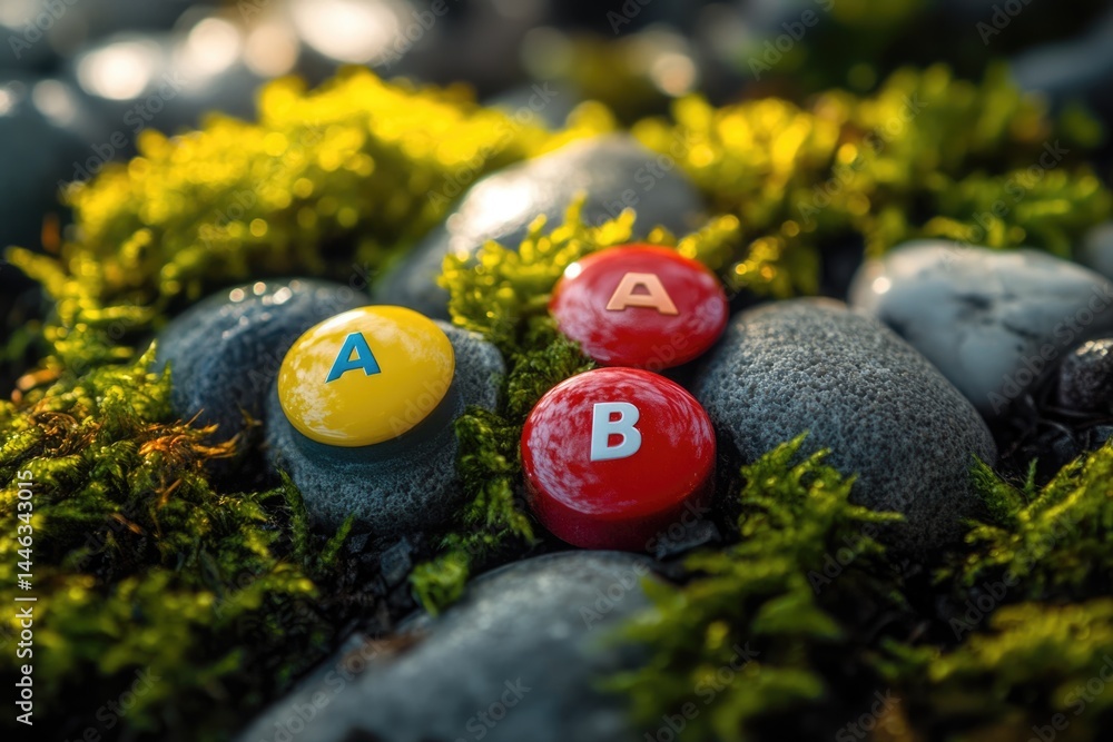 Poster three colorful a and b buttons nestled among moss and rocks, creating a charming, textured scene.