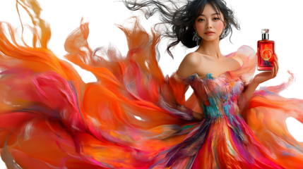 Woman in vibrant dress holding perfume bottle art fashion digital painting abstract backgrou