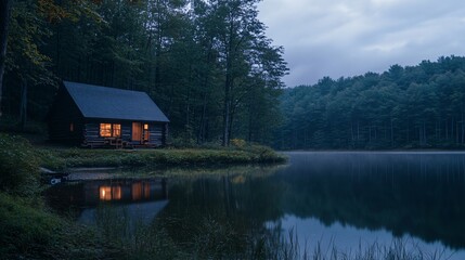 Obraz premium Serene cabin nestled beside a tranquil lake at dusk.
