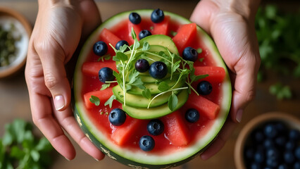 Creative watermelon half topped with avocado and olives—colorful, nutritious summer dish perfect for healthy eating themes.