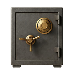 A detailed rendering of a sturdy metal safe featuring a classic golden combination lock dial and a heavy-duty handle.