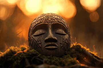 A carved wooden mask with eyes closed, resting on moss against a blurred golden, mysterious and dreamlike background. 