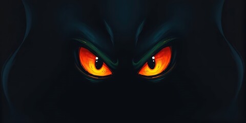Classic oil painting style depicting a pair of fiery orange-yellow cartoon eyes glowing against an ominous black background. Inky shadows surround the eyes, creating a mysterious minimalist piece