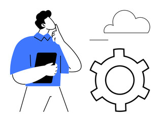 Man holding tablet deep in thought beside a cloud and gear symbol, representing innovation, cloud computing, problem-solving, software development, IT solutions, decision-making, technology strategy
