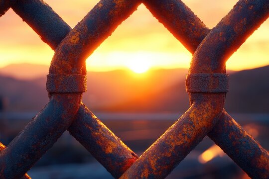 A rusty chain-link fence frames a vibrant sunset, the warm light highlighting the texture of the weathered metal. - Powered by Adobe