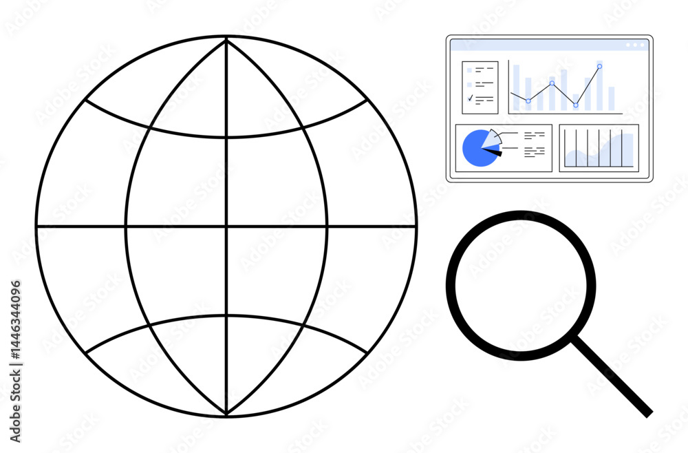 Aufkleber globe grid beside analytics dashboard displaying graphs and charts, magnifying glass symbolizing ins